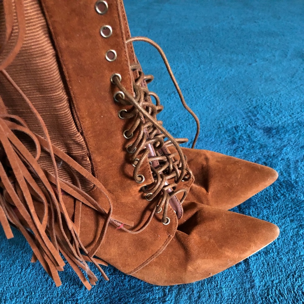 Suede Lace-Up Fringe Boots
